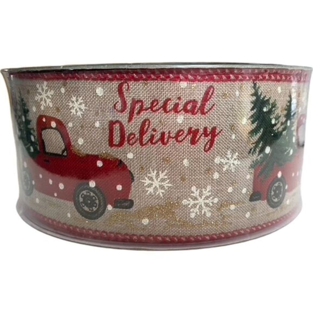 Red Truck Christmas Tree Presents 2.5 inch x 50 Yards, Premium Wired Ribbon New!